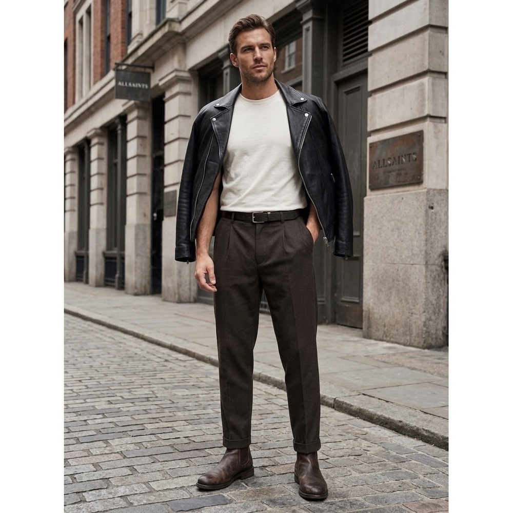 AllSaints Tallis Trouser Brown Cotton Wool Pleated Tapered Cuffed Pants 32